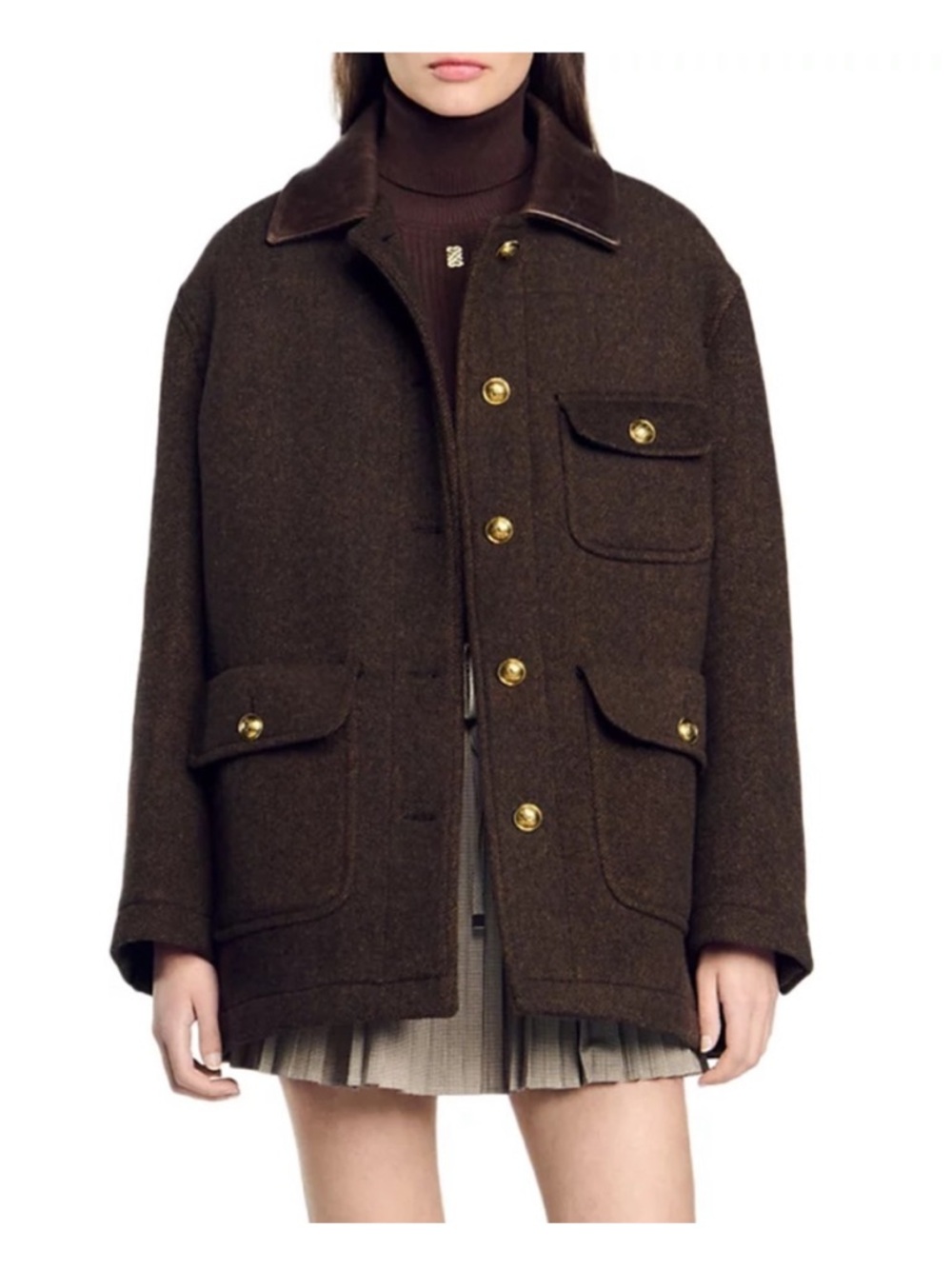 Sandro Brown Owen Tweed Coat